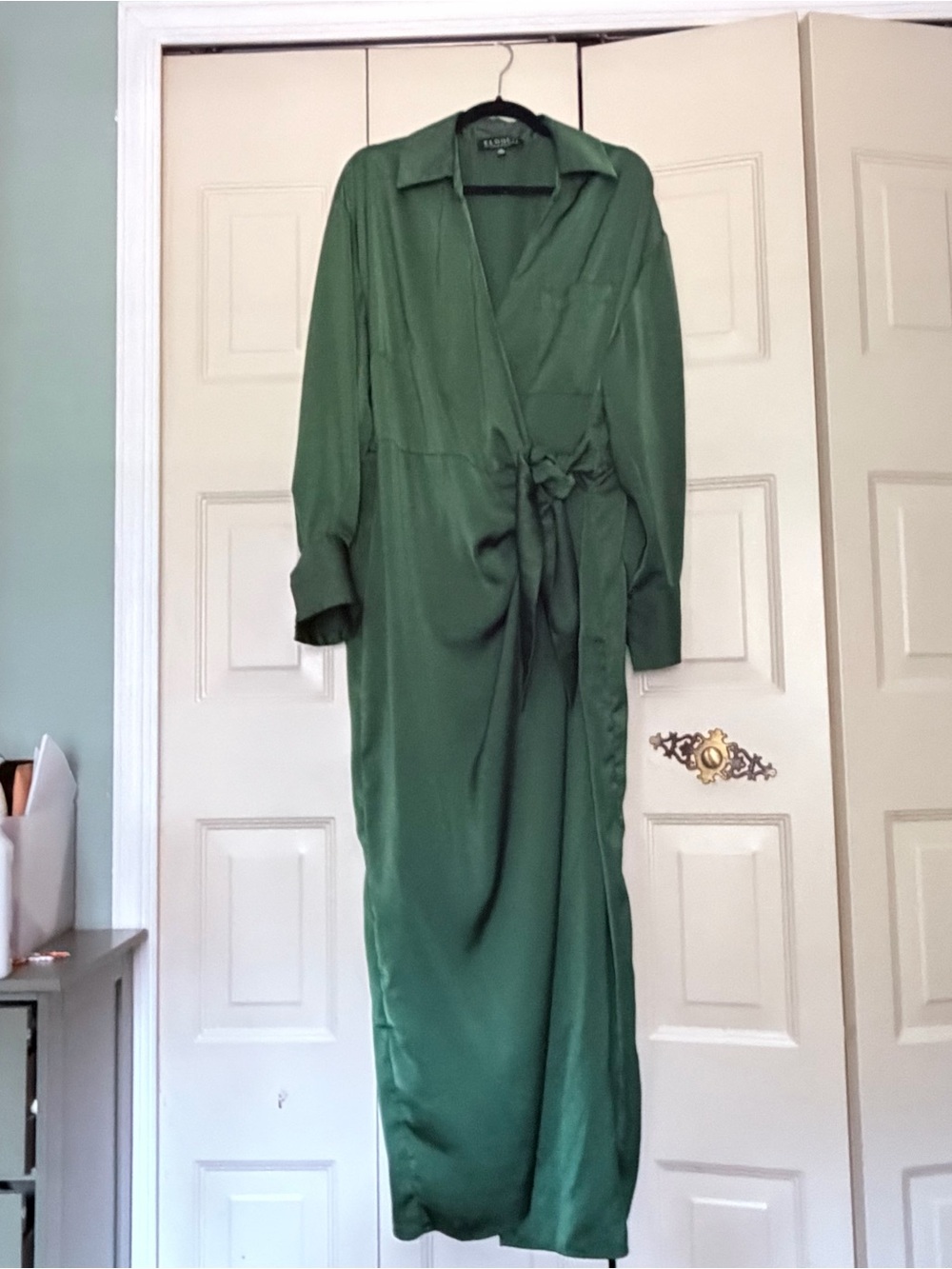 Eloquii Forest Green Satin Wrap-Front Maxi Dress